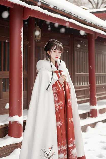 Tapeta Klasyczna chińska piękność ubrana w kurtkę cheongsam Hanfu podczas mroźnej zimy i śniegu