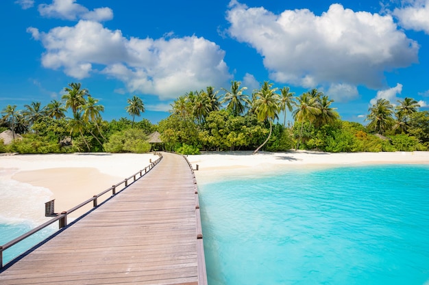 Tapeta krajobrazowa idylliczna tropikalna plaża. Molo na rajskiej wyspie letnie wakacje, Malediwy