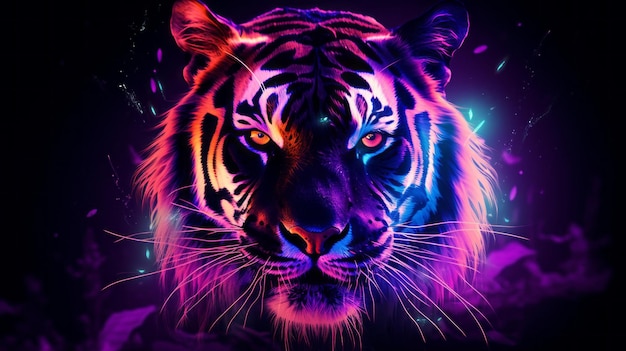 Tapeta Neon Tiger Face Hiperrealistyczna ilustracja z dramatycznym oświetleniem