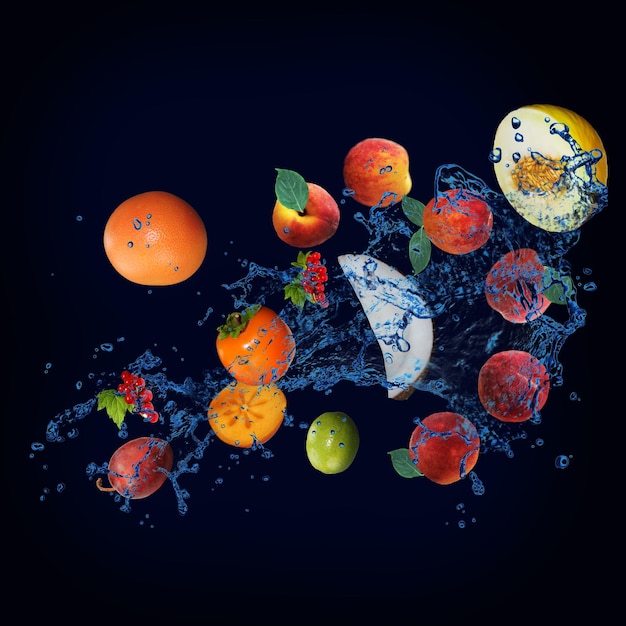 Tapeta panorama z owocami w wodzie brzoskwinia melon grejpfrut brzoskwinia limonka porzeczka kokos główny składnik diet