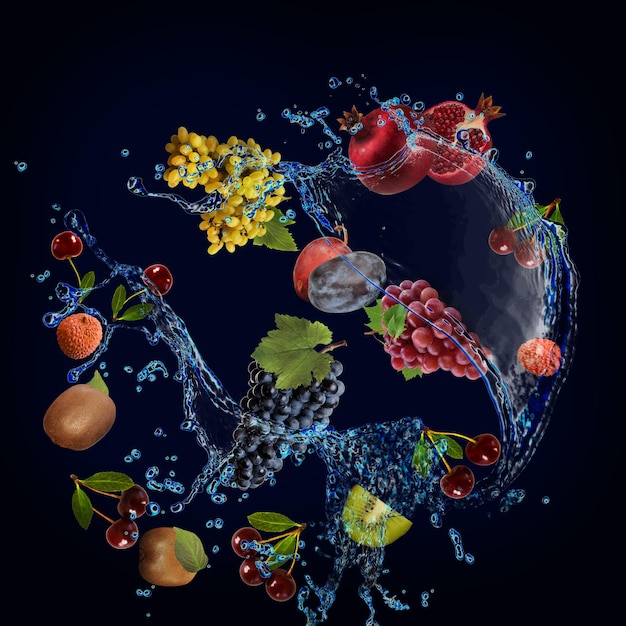 Tapeta panorama z owocami w wodzie głównym składnikiem diety winogron granat liczi kiwi wiśnia winogrona śliwka