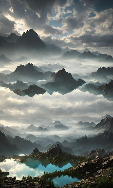 Tapeta przedstawiająca górski krajobraz z chmurami i górami w tle.