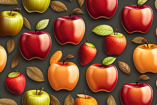 Tapeta przedstawiająca jabłka i truskawki z liśćmi