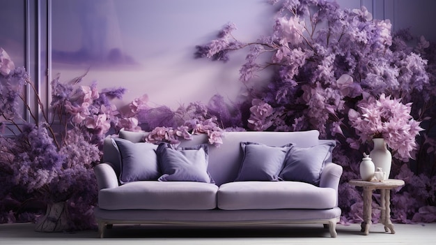 Tapeta przedstawiająca luksusowy salon w kolorze fioletowym i drzewami we wnętrzu