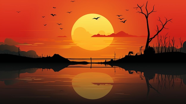 Tapeta Przedstawiająca Zachód Słońca Nad Jeziorem I Okolicą W Pomarańczowo-żółtych I Czarnych Kolorach