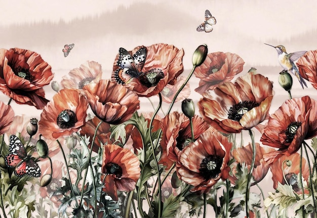 Tapeta rysunek krajobraz wzór kwiatów maku z pąkami w