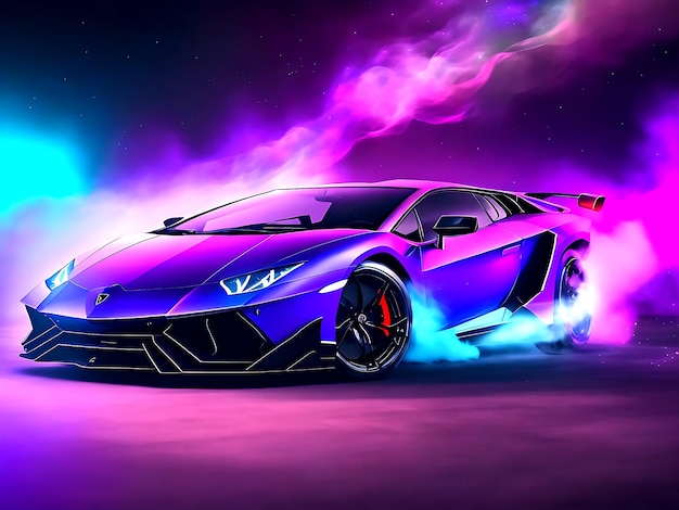 Tapeta samochodu Lamborghini z dymem i wibracją galaktyki generowaną przez ai