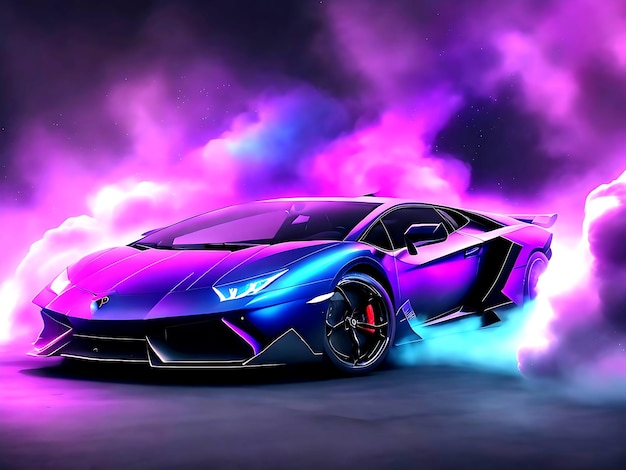 Tapeta samochodu Lamborghini z dymem i wibracją galaktyki generowaną przez ai