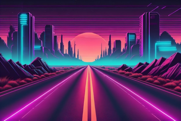 Tapeta tła miasta Synthwave z generatywną ai