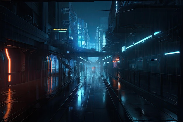 Tapeta w stylu cyberpunk Pusta ulica z neonami odbijającymi się w wodzie Generacyjna sztuczna inteligencja