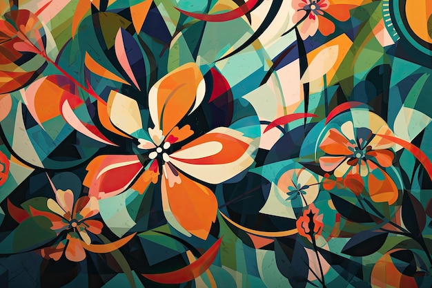 Tapeta w stylu kubistycznym z żywą i abstrakcyjną interpretacją kwiatowego wzoru