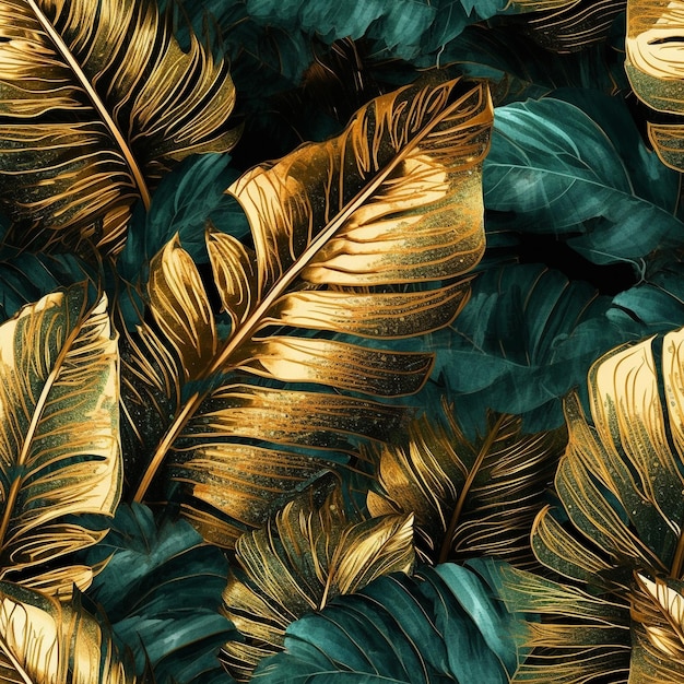 Tapeta w tropikalne liście w kolorze zielonym i złotym
