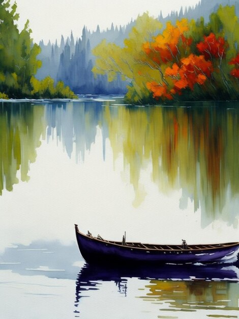 Tapeta z akwarelowym obrazem olejnym na łodzi na jeziorze