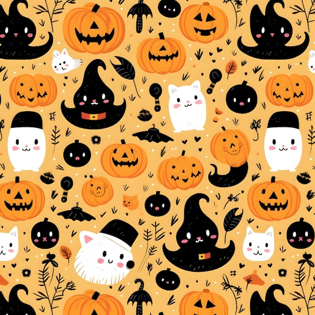 tapeta z halloweenowymi dyniami i kotem.