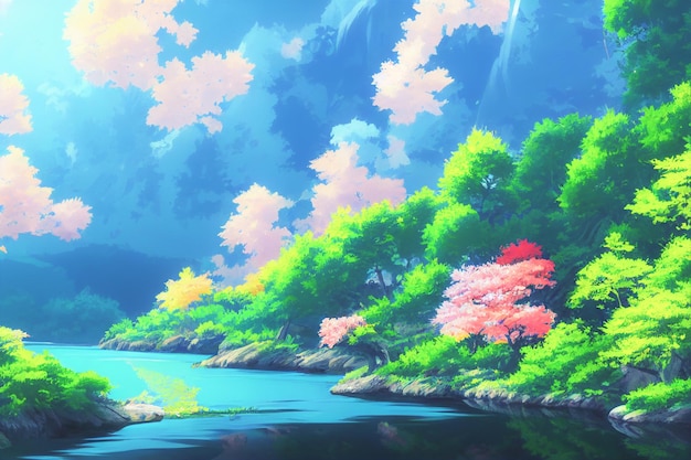 Tapeta z japońskim krajobrazem anime z pięknymi różowymi wiśniami i górą Fuji w tle