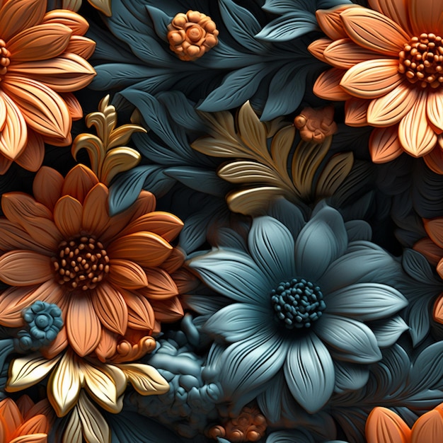 Tapeta z kwiecistym wzorem i niebiesko-pomarańczowym kwiatkiem.