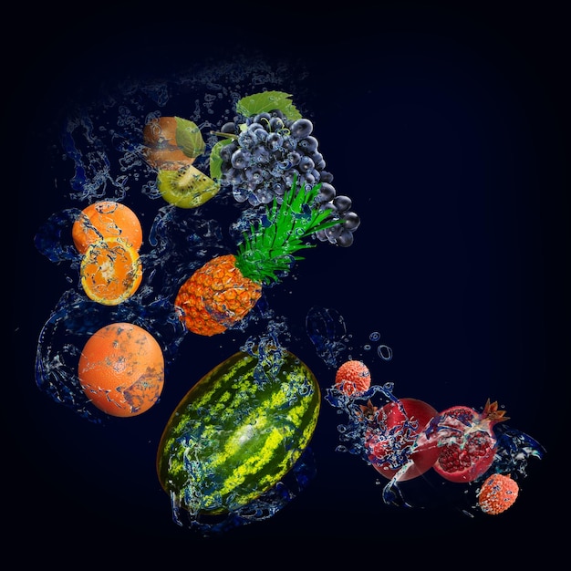 Zdjęcie tapeta z owocami w wodzie soczyste winogrona kiwi arbuz granat liczi pomarańcza główna część diet medycznych