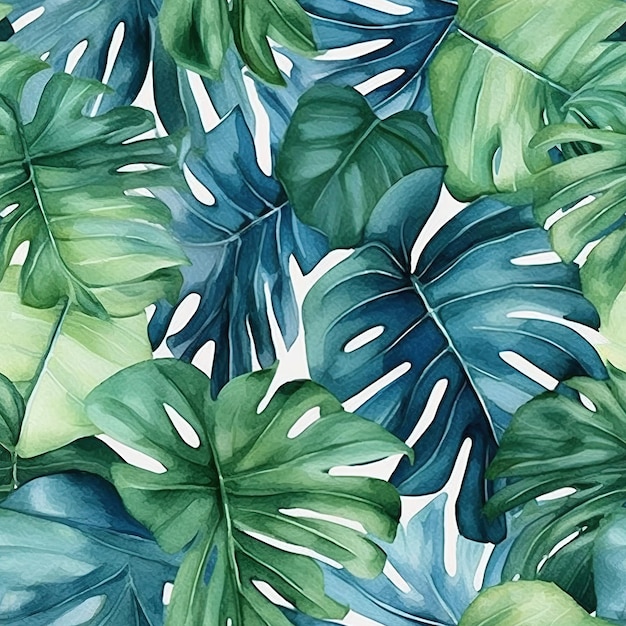 Tapeta z tropikalnymi liśćmi, która jest zielono-niebieska