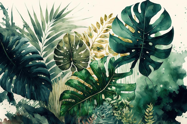 Tapeta z tropikalnymi liśćmi o fakturze akwareli i tłem natury