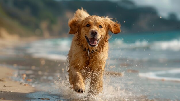 Tapeta z zabawnym Golden Retrieverem biegającym po piaszczystej plaży