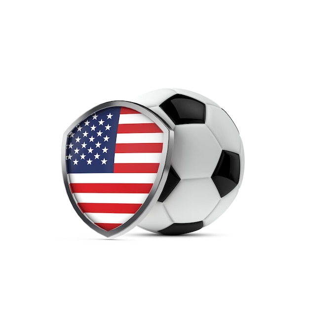 Tarcza flagi narodowej Stanów Zjednoczonych z piłką nożną Renderowanie 3D