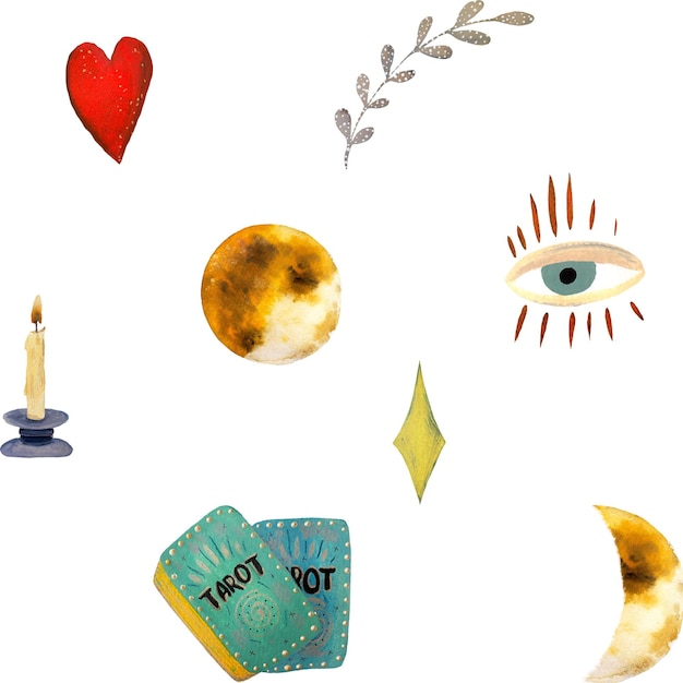 Tarot świeca księżyc mistyczny wzór szkic ilustracja akwarela Ręcznie rysowane tekstury i izolowane