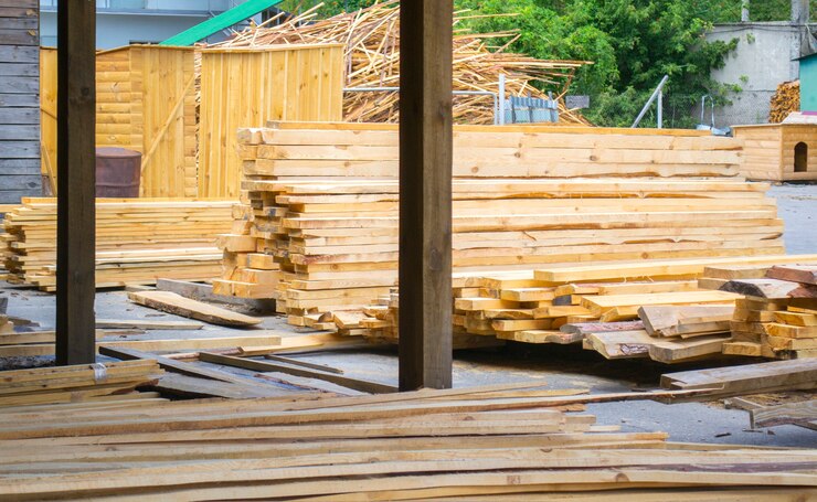 Tartak. Magazyn do rozkroju desek na tartaku na zewnątrz. Drewniany stos drewna z drewnianych półfabrykatów materiałów budowlanych