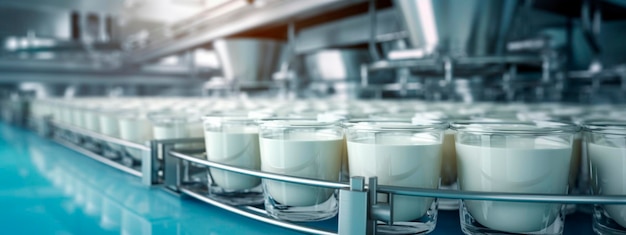 Taśma mleczna w produktach przemysłu spożywczego gotowa do automatycznego pakowania Koncepcja ze zautomatyzowaną produkcją żywności Generative AI