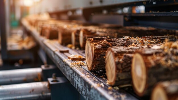 Zdjęcie taśma przenośna przenosząca świeże kawałki drewna do maszyny przetwórczej