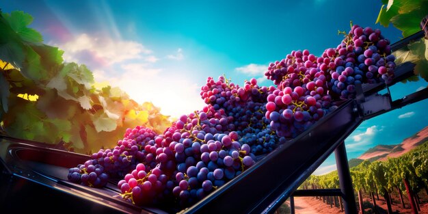 Zdjęcie taśmy przenośnikowe zbiorcy winogron delikatnie przenoszą klastry doskonale dojrzałych winogron z winorośli do oczekującego