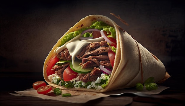 Tasty Doner Kebab Shawarma Roll Wrap Ilustracja Generatywne jedzenie AI