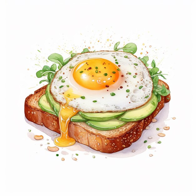 Zdjęcie tasty sandwich with fried eggs avocado greens watercolor illustration isolated on white background