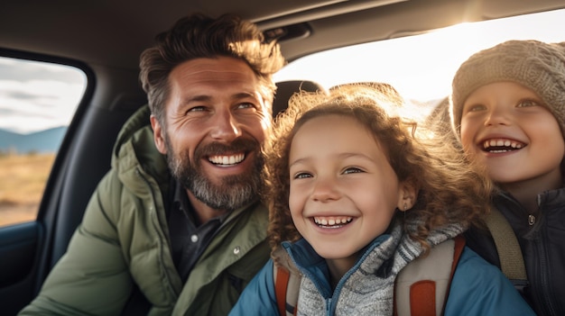 Tata i dwoje dzieci jadących samochodem śmieją się i uśmiechają szeroko podczas podróży