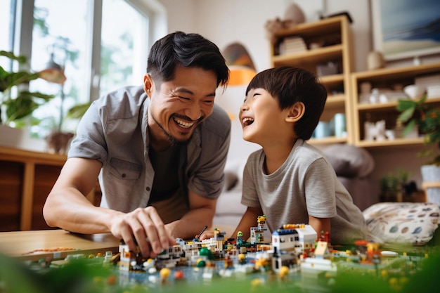 Zdjęcie tata i syn uśmiechają się podczas zabawy małymi klockami w domu generacyjna sztuczna inteligencja