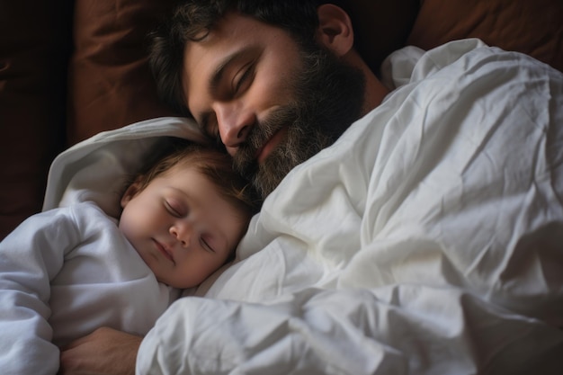 Tata kładzie dziecko do łóżka, całuje go przed pójściem do snu.