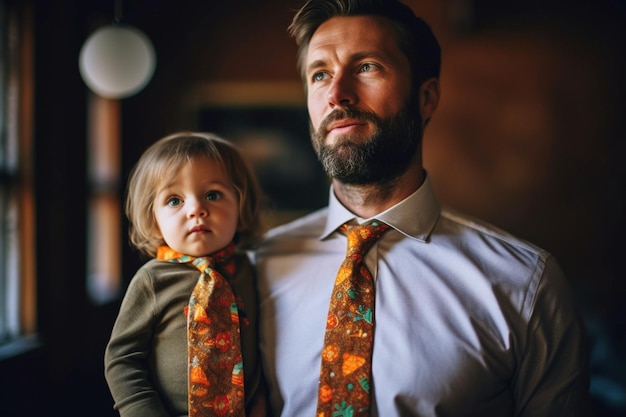 Zdjęcie tata w ręcznie robionym krawacie wykonanym przez jego dziecko