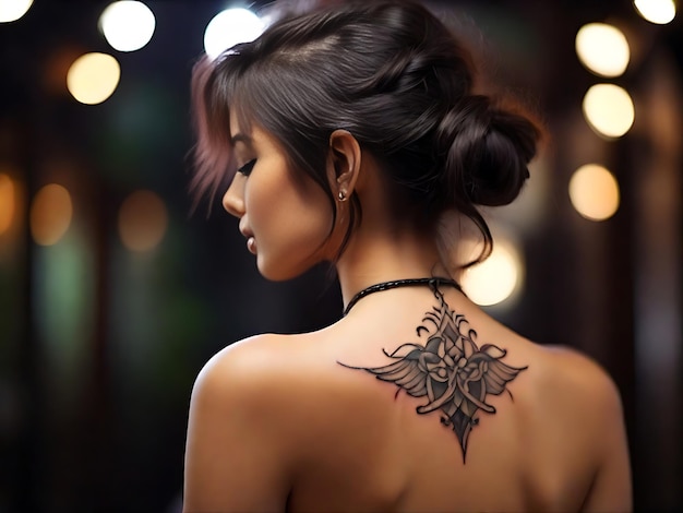 Tatuaż na kobiecych plecach z rozmytym oświetleniem w tle Premium Design