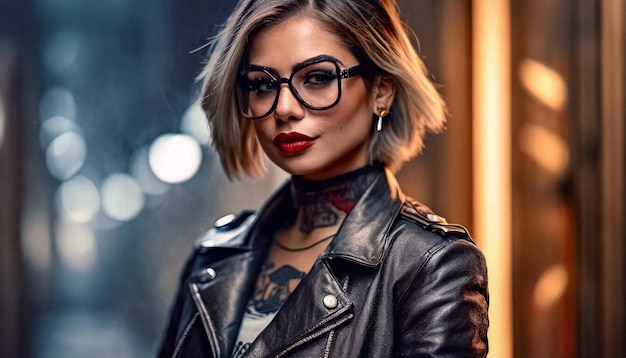 Zdjęcie tatuowana cyber punk chic modelka w okularach i skórzanej kurtce