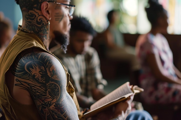 Zdjęcie tatuowany przywódca prowadzi studium biblijne w centrum społecznościowym