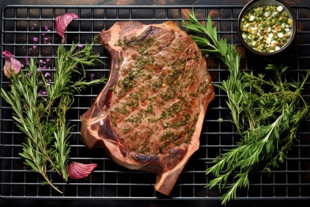 Tbone steak otoczony świeżymi ziołami na grillu stworzony z generatywnego ai