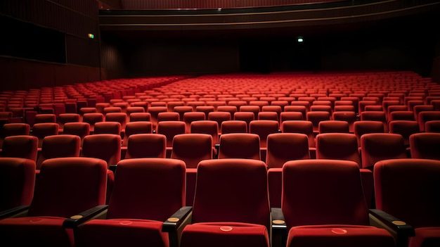 Teatr z czerwonymi siedzeniami i znakiem, który mówi „kino słowa”