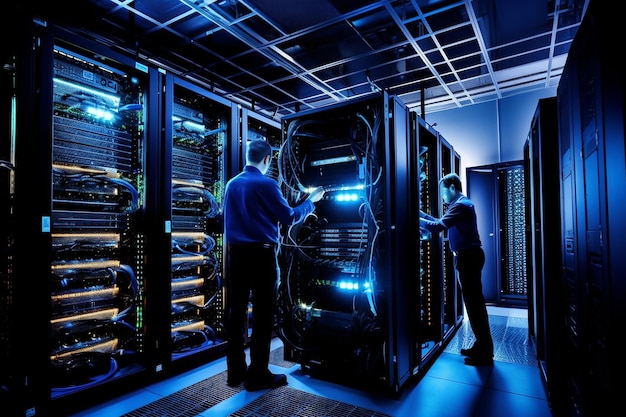 Technicy instalują nowy stojak serwerowy w centrum danych