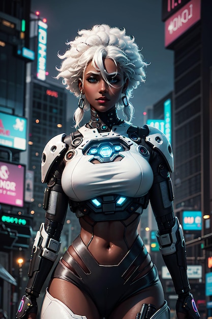 Techniczna cyborg z białymi włosami