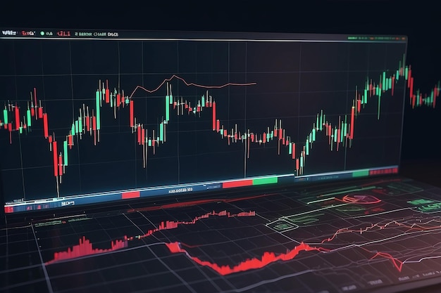 Techniczny wykres cen i wskaźnik czerwony i zielony wykres świec na niebieskim ekranie tematycznym