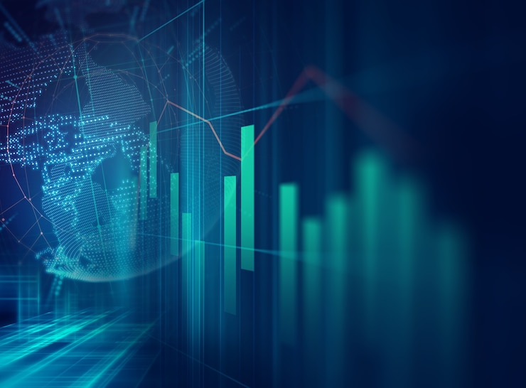 Zdjęcie techniczny wykres finansowy na abstrakcyjnym tle technologii