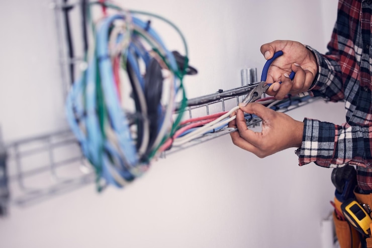 Zdjęcie technik elektryk i ręce mężczyzny z inspekcją konserwacji kabli i naprawą domu pracownik budowlany elektryczność i mężczyzna inżynier złota rączka i wykonawca z przewodami obwodów i narzędziami