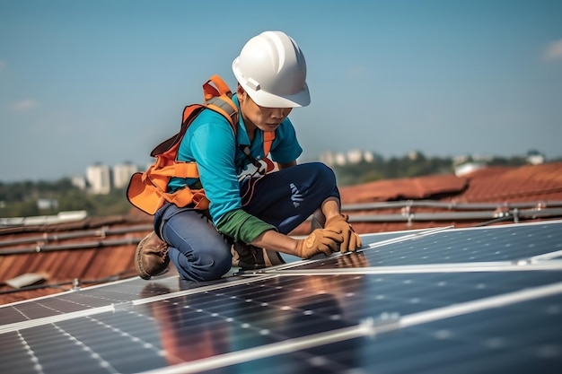 Technik instalujący panele słoneczne na dachu domu i biura domowego koncepcja ekonomicznej energii i oszczędności własnych małych firm Panele fotowoltaiczne Generative Ai