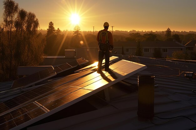 Technik instalujący panele słoneczne na dachu pod jasnoniebieskim niebem, noszący sprzęt ochronny