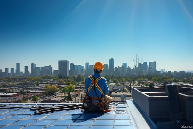 Technik instalujący panele słoneczne na dachu pod jasnoniebieskim niebem, noszący sprzęt ochronny