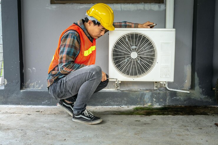 Technik klimatyzacji Używa klucza do dokręcania nakrętki sprężarki powietrza